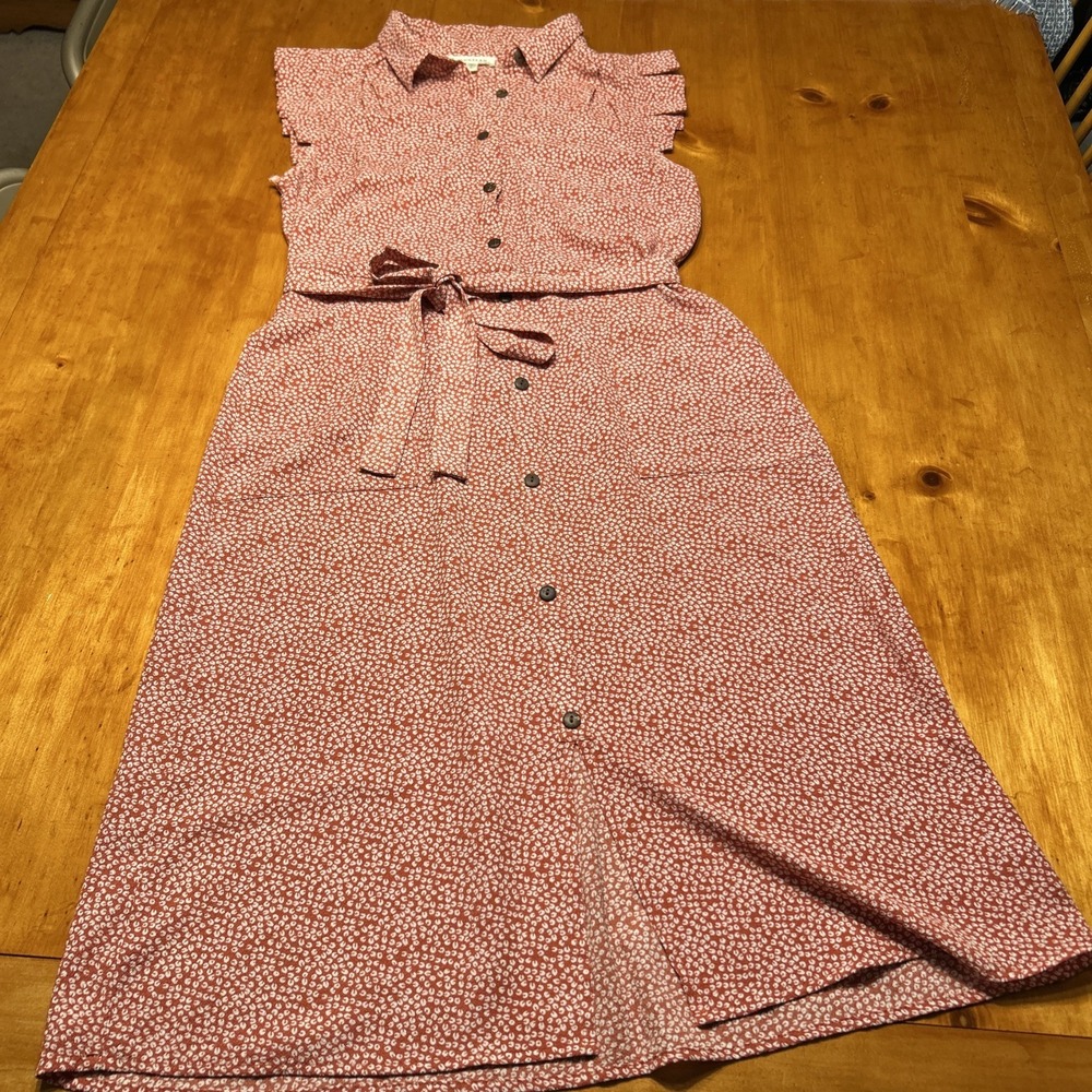 Monteau LA Cottagecore Boho Rust Floral Button Down Shirt Dress Midi Tie Waist - Picture 10 of 12